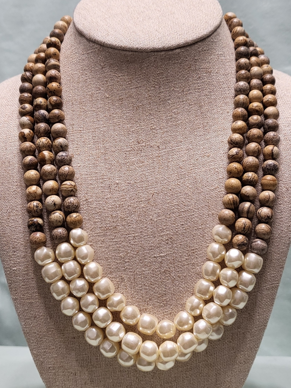 Coldwater Creek Multi-Strand Brown Wood and Cream Pearl Necklace